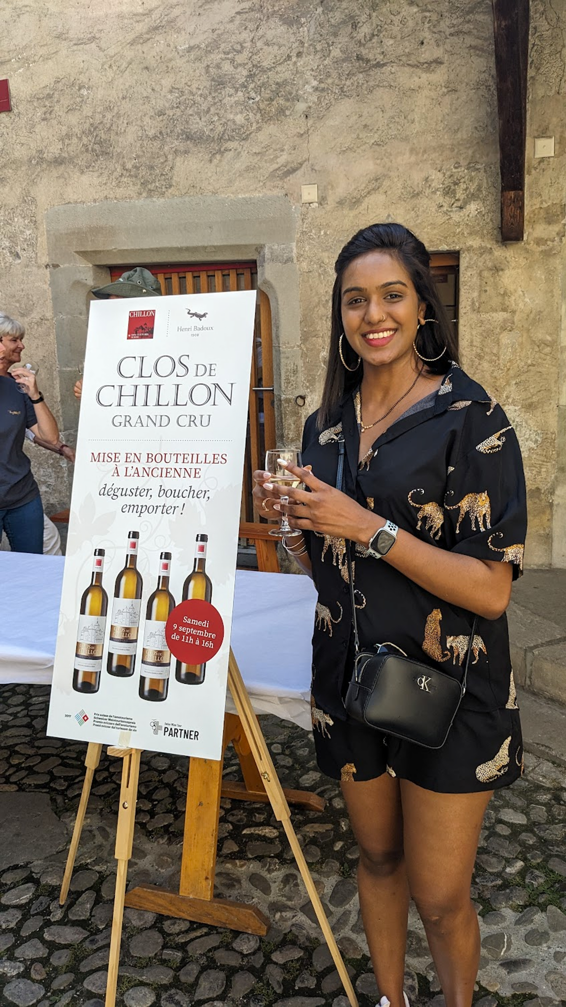 Dana tasting the famous Clos de Chillon