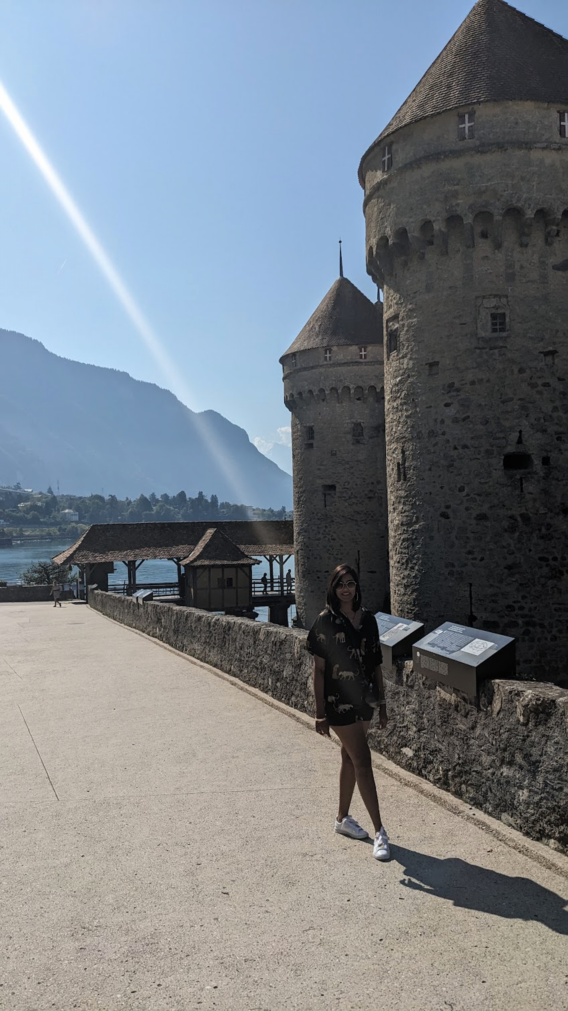 Dana posing in front of the Chateau Chillon entrance